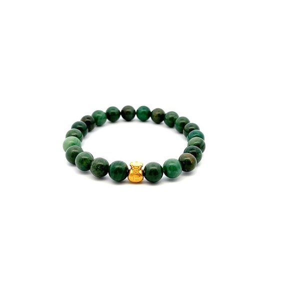 24K Gold Money Bag Stretchable Bracelet Gemstones Natural African Jade 8mm S6.5" - Picture 1 of 5